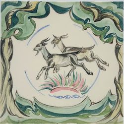 Vintage Hand Painted Ceramic Goats Design Tile by Packard & Ord C1951