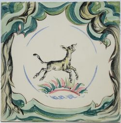 Vintage Hand Painted Ceramic Goats Design Tile by Packard & Ord C1951 AE2