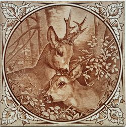 Arts & Crafts 8" Transfer Printed Tile Deer In Forest St Hamand France C1900