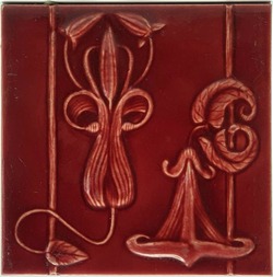 Antique Fireplace Tile Moulded Majolica Red Glaze C1900