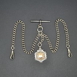 Sterling Silver Double Albert Chain with T-Bar & Fob