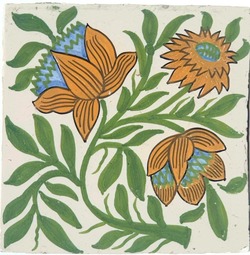 Arts & Crafts Dutch Tile Hand Painted Floral Design 6" x 6" C1900