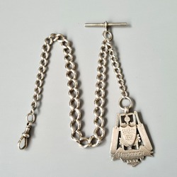 Antique Silver Albert Pocket Watch Chain with Large Silver Fob Medal