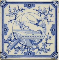 Antique Minton Fireplace Tile Blue & White Japonesque Style Fisherman C1885