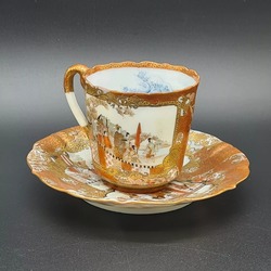 Antique Japanese Kutani Kaburaki Sei Porcelain Cup and Saucer Hand Painted Meiji