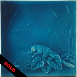 Minton Hollins & Co Moulded Majolica 8" Tile Blue Glaze Hunting Fox C1880