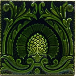 Antique Moulded Majolica 8" Tile Green Glaze Floral Minton Hollins & Co C1880 AE1