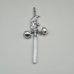 Solid Silver Mr Punch Baby Rattle Whistle Mother of Pearl Handle