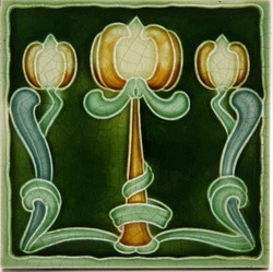 Art Nouveau Majolica Tile Green Triple Tulips Henry Richards Tile Co C1905